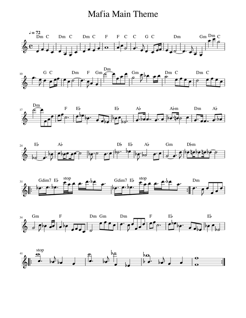 Mafia Main Theme Sheet Music with Chords for Piano (Solo) easy ...