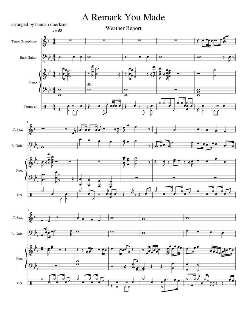 a remark you made Sheet music for Piano, Saxophone tenor, Bass guitar, Drum group (Mixed Quartet a remark you made Sheet music for Piano, Saxophone tenor, Bass guitar, Drum group (Mixed Quartet