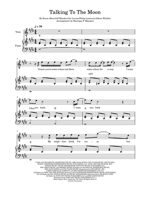Talking To The Moon (Arr. Henrique F Mangoni) - Bruno Mars (Piano Vocal)