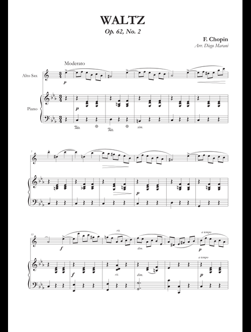 Waltz Op. 69, No. 2 for Alto Saxophone and Piano (Arr. Diego Marani) - Frederick Chopin (Alto Sax and Piano)