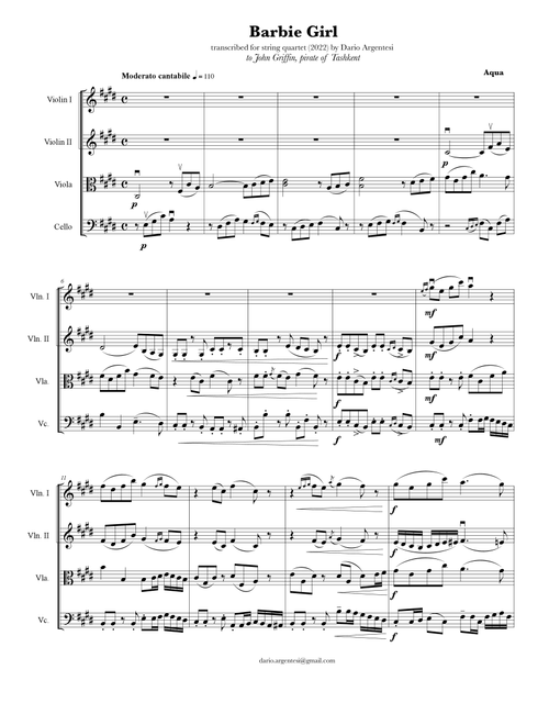 Barbie Girl (Arr. Dario Argentesi) - Aqua (String Quartet)