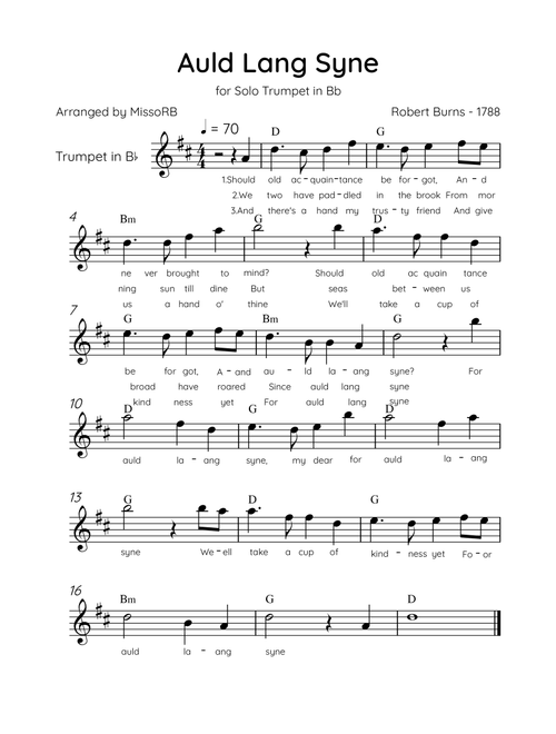 Auld Lang Syne - Solo Trumpet Bb in C Major Easy With Lyrics & Chords (Arr. MissoRB) - Robert Burns (Trumpet Solo)