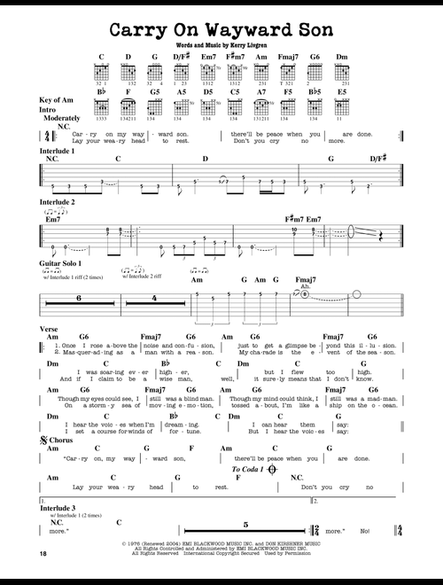 Carry On Wayward Son - Kansas (Guitar Lead Sheet)