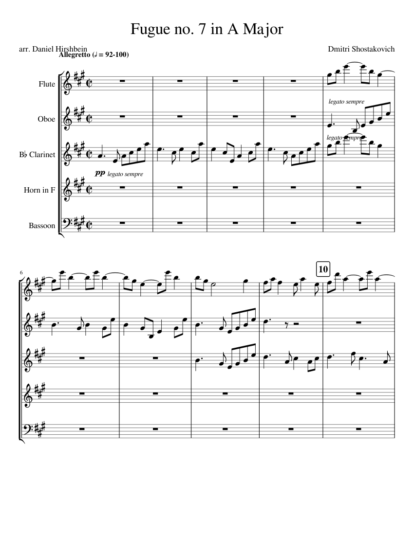 Shostakovich Fugue no 7 in A Major Sheet music for Flute, Oboe