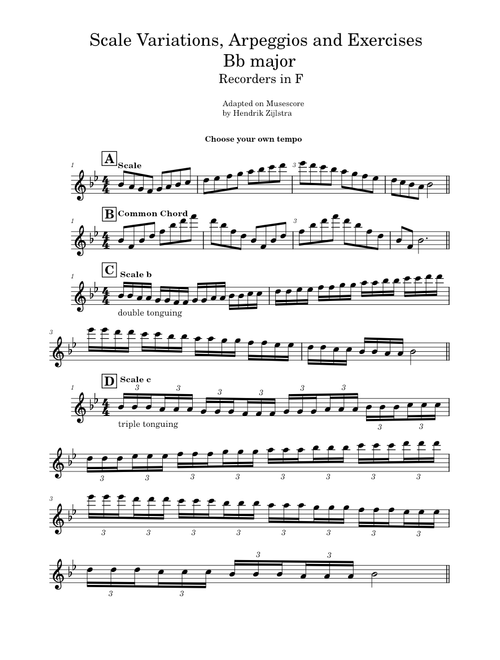 Recorder in F, Scale Variations and Arpeggios in Bes Major