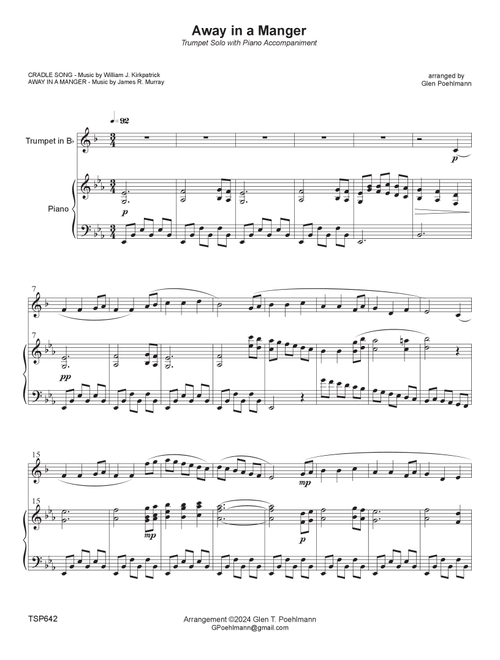 AWAY IN A MANGER - TRUMPET SOLO with Piano Accompaniment (Grade 3-) TSP642 (Arr. Glen Poehlmann) - William J. Kirkpatrick, James R. Murray (Trumpet and Piano)