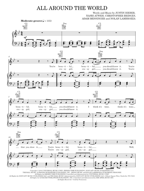 All around the world - Justin Bieber (Piano-Vocal-Guitar)