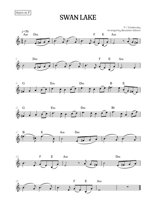 Swan Lake (Theme) • Pyotr Ilyich Tchaikovsky | French Horn Sheet Music (chords) (Arr. Benzaiten Editions) - Pyotr Illyich Tchaikovsky (French Horn Solo)