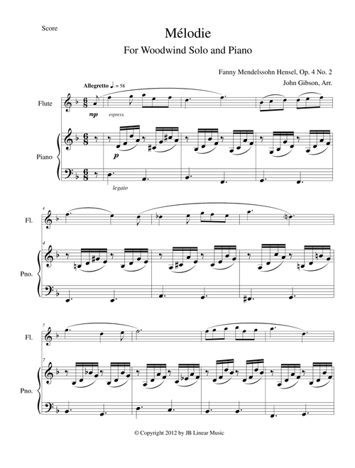 Melodie for flute, oboe, clarinet, or bassoon and piano (Arr. John Gibson) - Fanny Mendelssohn Hensel (Woodwind Ensemble)