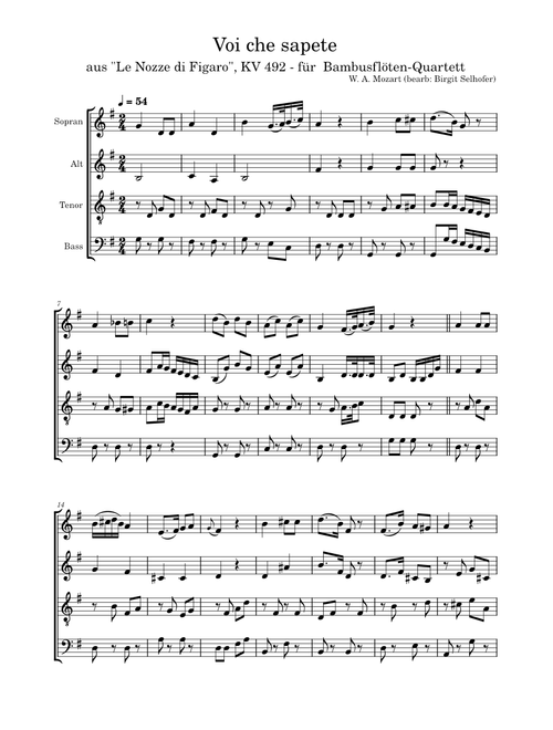 Voi che sapete – Wolfgang Amadeus Mozart Voi che sapete - Le nozze di Figaro - Wolfgang A. Mozart * for Bamboo Recorder Quartet