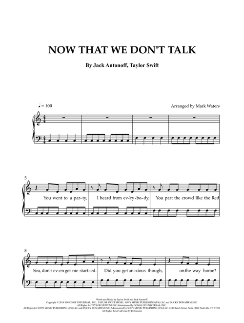 Now That We Don't Talk (Arr. Mark Waters) - Taylor Swift (Easy Piano)
