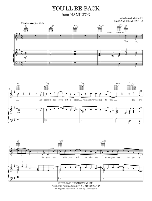 You'll Be Back - Lin-Manuel Miranda (Piano-Vocal-Guitar)