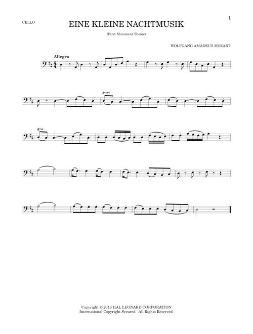 Eine Kleine Nachtmusik ("Serenade"), First Movement Excerpt - Wolfgang Amadeus Mozart (Cello Solo)