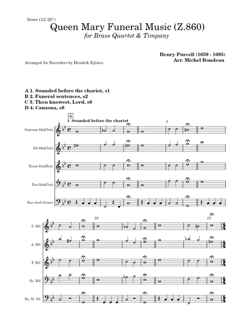 Z 860 Purcell Henry, Queen Mary Funeral Music, Recorder SATB+Steeldrums