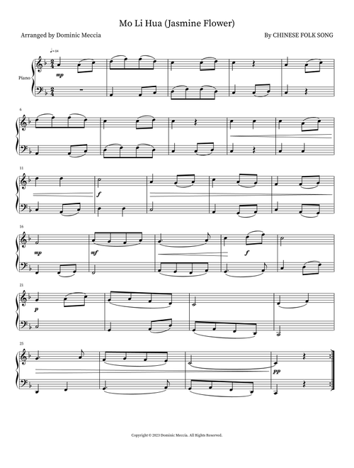Mo Li Hua (Jasmine Flower) (Arr. Dominic Meccia) - Chinese Folk Song (Piano Vocal)