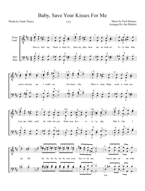 Baby, Save Your Kisses For Me (Arr. Arranged by Jim Shubert) - Words by Frank Tinney, Music by Fred Strasser (Choral, TTBB)
