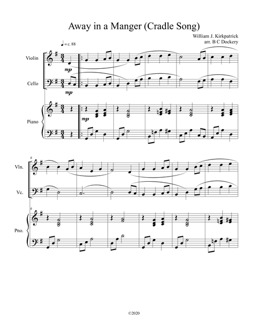 Away in a Manger (Cradle Song) for violin and cello duet with piano accompaniment (Arr. B C Dockery) - William J Kirkpatrick (String Ensemble)