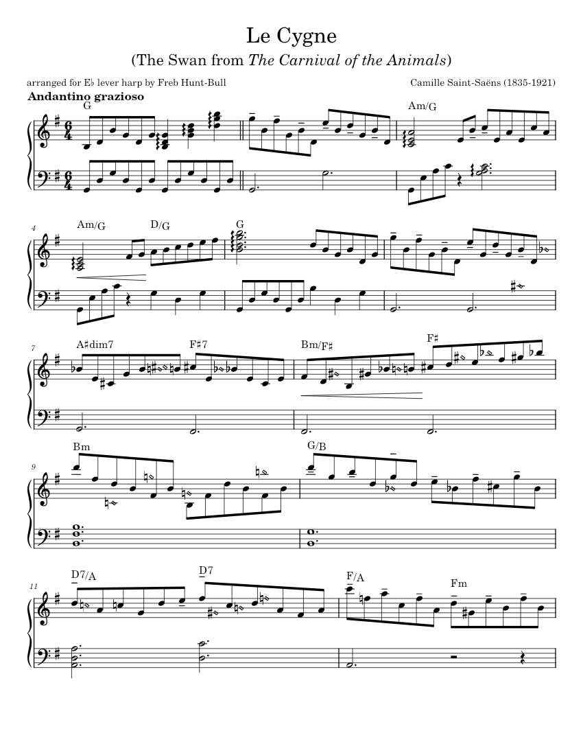 Le Cygne The Swan Camille Saint Saens arranged for lever harp Sheet music for Harp Solo Musescore