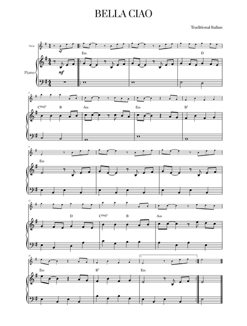 Bella Ciao for Flute and Piano (Arr. Cadenza Editions) - Traditional Italian (Flute and Piano)