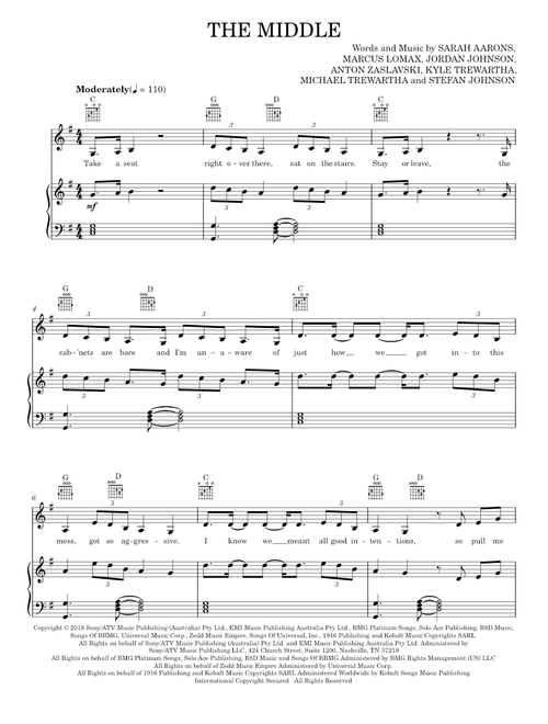 The Middle - GREY, Maren Morris, Zedd, Zedd, Maren Morris & Grey (Piano-Vocal-Guitar)