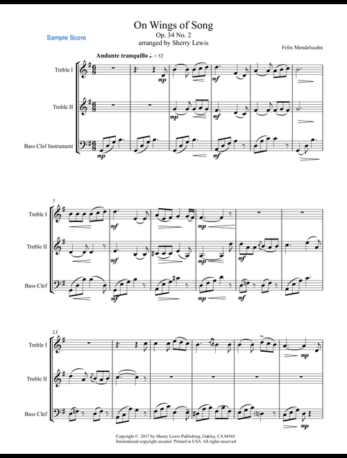 ON WINGS OF SONG for Trio for  String Trio, Woodwind Trio, any combination of two treble clef instru (Arr. Sherry Lewis) - Felix Mendelssohn (Small Ensemble)