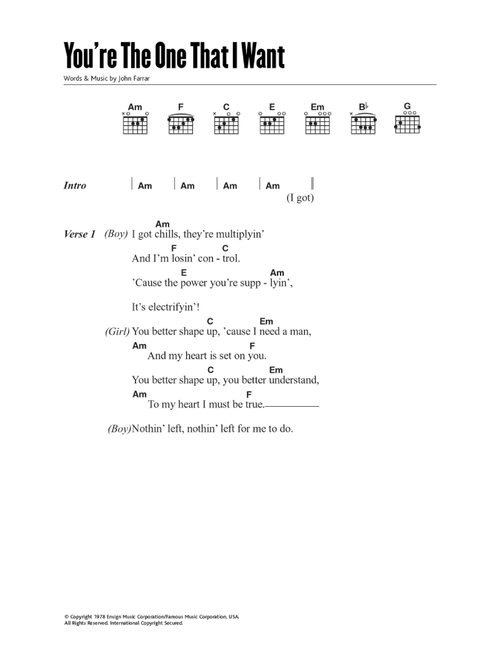 You're The One That I Want (from Grease) - John Travolta, Olivia Newton-John (Guitar Chords-Lyrics)