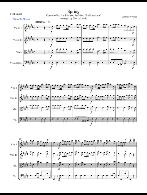 SPRING (La Primavera), 1st Mov, String Quartet, Intermediate Level for 2 violins, viola and cello (Arr. Sherry Lewis) - Antonio Vivaldi (String Quartet)