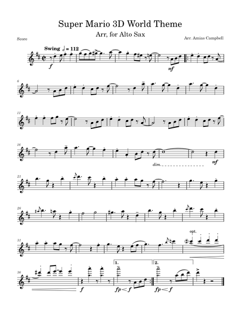 Super Mario 3D World Theme, Arr. for Alto Sax