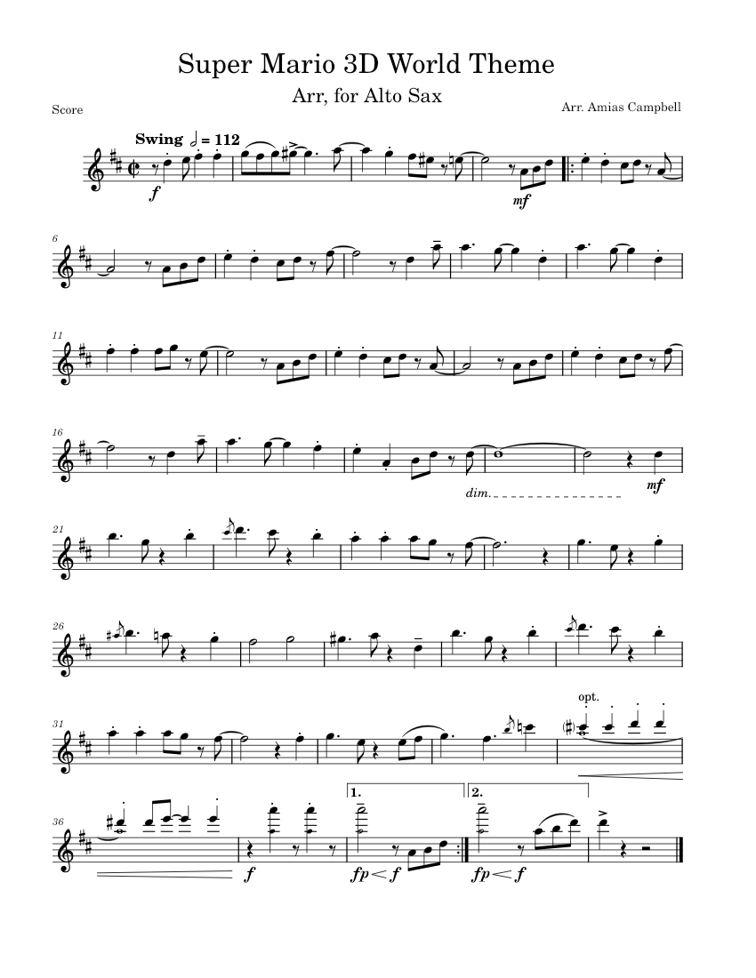 Super Mario 3D World Theme, Arr. for Alto Sax Sheet Music for Trumpet ...