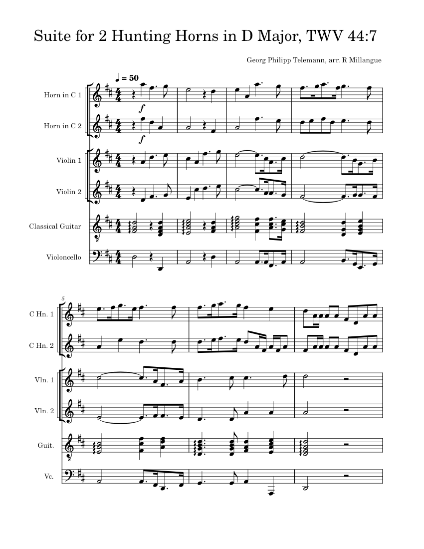 Suite for 2 Hunting Horns in D Major TWV 44 7 Sheet music for Violin Cello Guitar Natural horn Mixed Ensemble Musescore