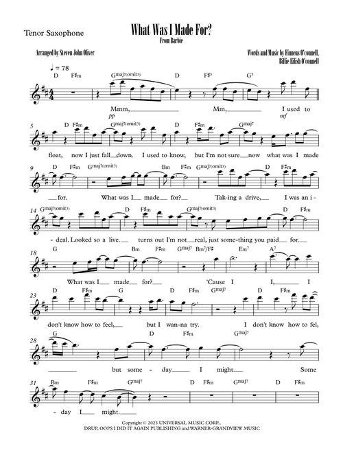 What Was I Made For? (Arr. Steven John Oliver) - Billie Eilish (Tenor Sax Solo)