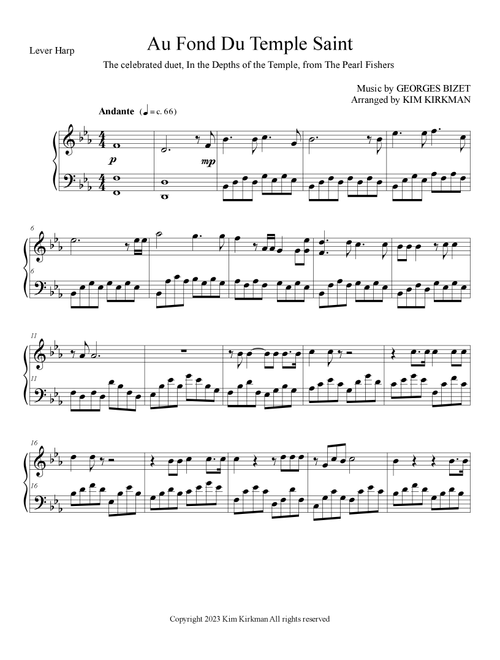 Au font du temple saint (The Peart Fishers Duet) for lever harp in Eb no additional lever changes (Arr. Kim Kirkman) (Harp)