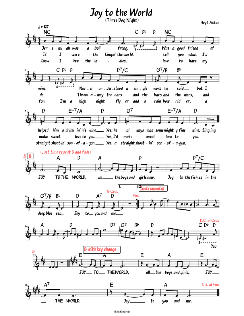 Joy to the World (Three Dog Night) (Lead sheet with lyrics ) Sheet Music for Piano (Solo) Easy | MuseScore.com joy-to-the-world-three-dog-night-lead-sheet-with-lyrics-sheet-music-for-piano-solo-easy-musescore-com