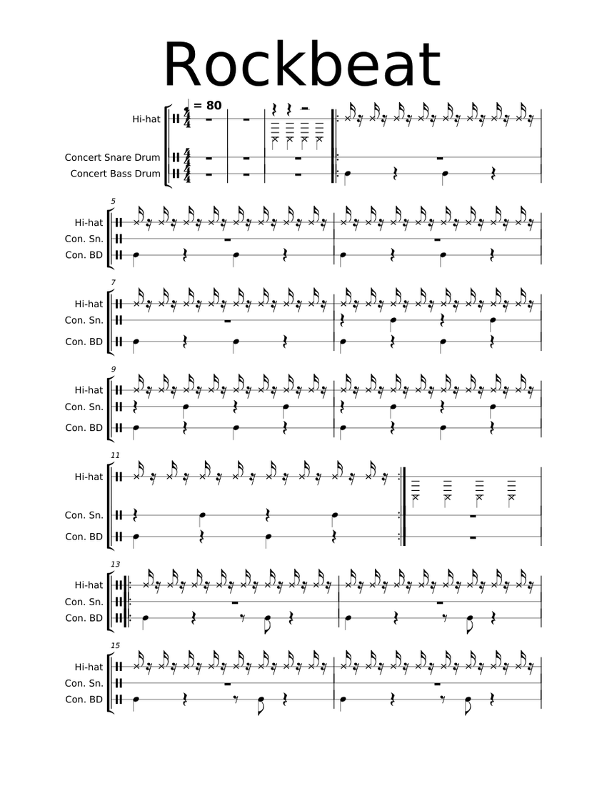 Basic Rock beat play-along Sheet Music for Snare drum, Bass drum, Hi ...