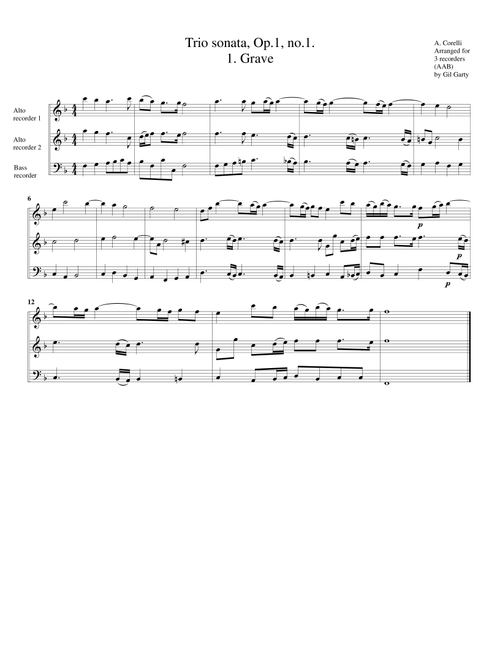 Trio sonata, Op.1, no.1 (arrangement for 3 recorders) (Arr. Gil Garty) - Arcangelo Corelli (Recorder Ensemble)