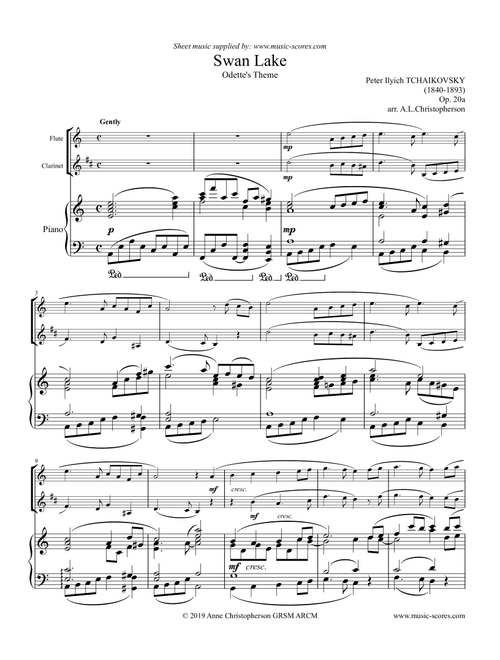 Swan Lake - Odette's Theme - Flute, Clarinet and Piano (Arr. Anne L Christopherson GRSM ARCM) - Tchaikovsky (Instrumental Duet and Piano)