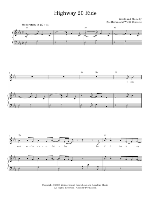 Highway 20 ride - Zac Brown Band (Piano-Vocal-Guitar)
