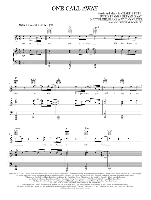 One Call Away - Charlie Puth (Piano-Vocal-Guitar)