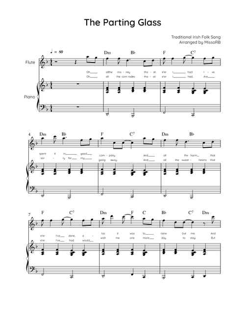 The Parting Glass - Flute & Piano in F - Easy With Chords & Lyric (Arr. MissoRB) - Traditional Irish Folk Song (Flute and Piano)