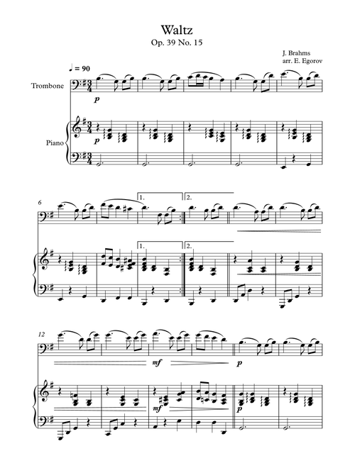 Waltz (Op. 39 No. 15), Johannes Brahms, For Trombone & Piano (Arr. Eugene Egorov) (Trombone and Piano)