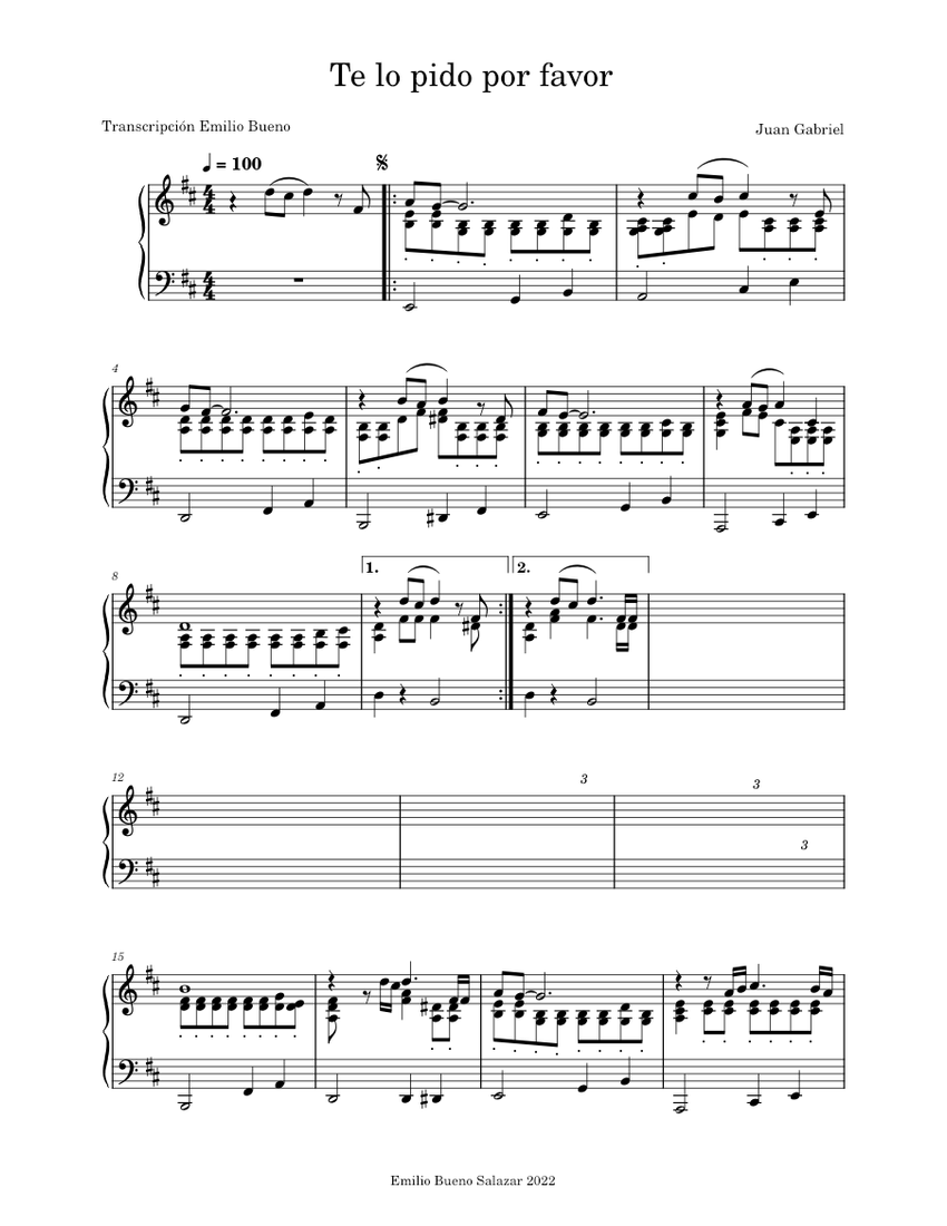 Te Lo Pido Por Favor – Juan Gabriel Sheet Music For Piano (Solo ...