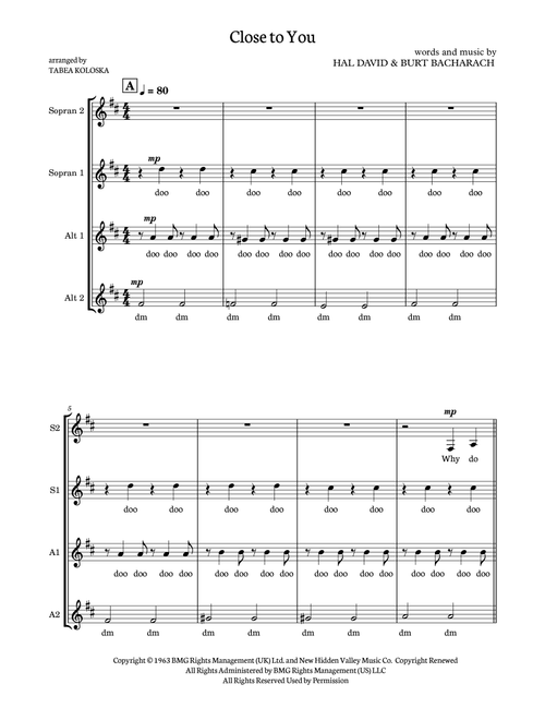 (They Long To Be) Close To You (Arr. Tabea Koloska) - The Carpenters (Choral, SSAA)