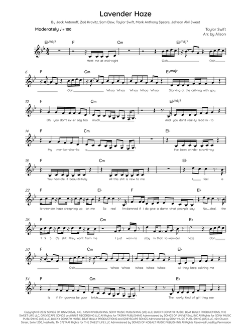 Lavender Haze (Arr. Arr. Alison) - Taylor Swift (Lead Sheet - Fake Book)