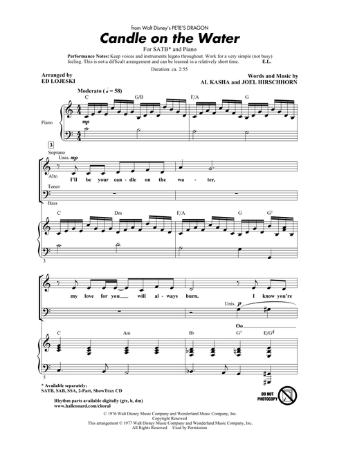 Candle On The Water (from Pete's Dragon) (arr. Ed Lojeski) - Helen Reddy (Choral, SATB)