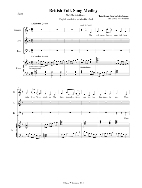The Ash Grove for SAB choir and piano or keyboard with harp stop (Arr. David Warin Solomons) - Traditional (Choral, SAB)