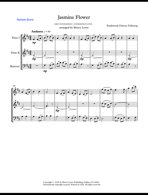 JASMINE FLOWER - Traditional Chinese Folk Song, Woodwind Trio, Intermediate Level for flute, clarine (Arr. Sherry Lewis Publishing) (Woodwind Ensemble)