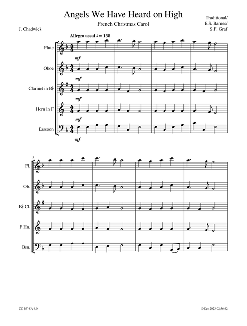 Angels we have heard on high – Gloria (Barnes) French carol tune – Woodwind Quintet