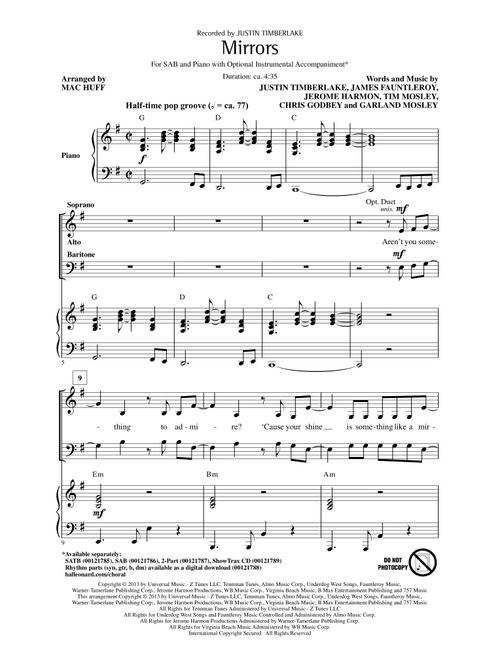 Mirrors (Arr. Mac Huff) - Justin Timberlake (Choral, SAB)
