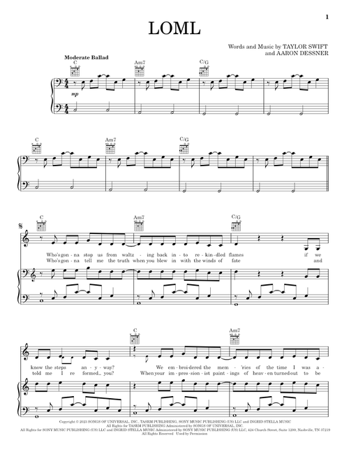 Loml - Taylor Swift (Piano-Vocal-Guitar)