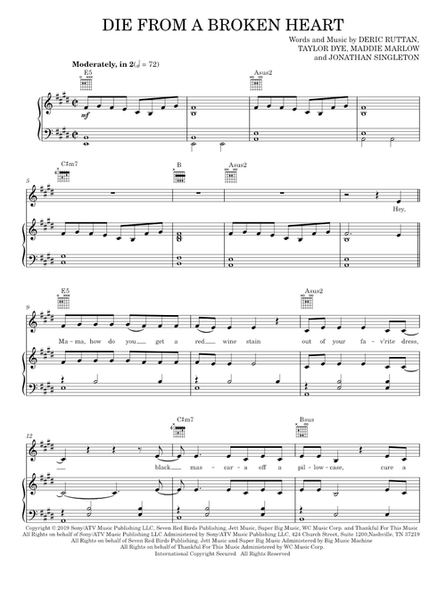 Die from a broken heart - Maddie & Tae (Piano-Vocal-Guitar)